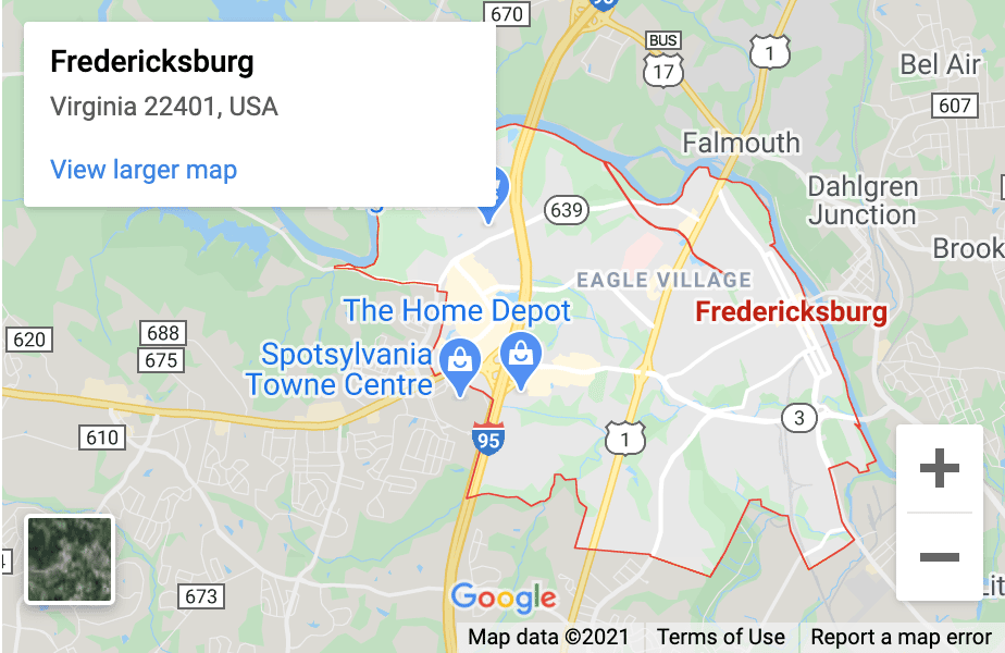 Fredericksburg Top notch moving company map area
